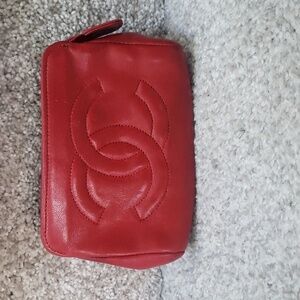 Chanel red Lambskin zip Make Up pouch Authentic